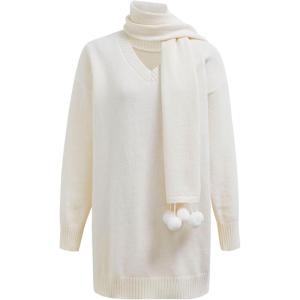 imageCHICWISH Women V Neck Knit Sweater Dress Long Sleeve Soft Casual Trendy Holiday Pullover Mini Dress with PomPom ScarfWhite