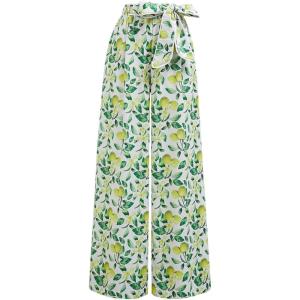 imageCHICWISH Women WideLeg Pants Lemon Printed High Waisted Belted Loose Trousers Casual Long Straight Pants with PocketsGreen