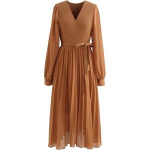imageCHICWISH Womens CaramelBlackBlueCream Knit Spliced SelfTie Pleated Wrap Midi DressCaramel