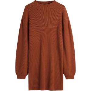 imageCHICWISH Womens CaramelGreen Lantern Sleeve Round Neck Ribbed Sweater DressCaramel