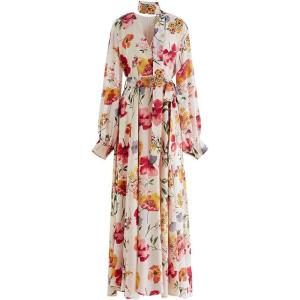 imageCHICWISH Womens Cream Scarf Plunging Vernal Blossom Chiffon Maxi DressCream
