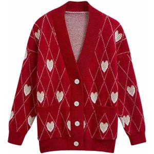 imageCHICWISH Womens Hearts Print Button Down Cardigan Sweaters VNeck Long Sleeve Cropped Knit Sweater Cardigan with Pockets Red
