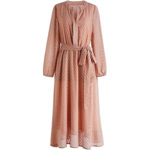 imageCHICWISH Womens NavyCreamApricot 2023 Casual Dress Zigzag Flock Dot Fall Dresses Tie Waist Maxi Midi DressApricot