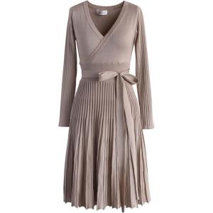 imageCHICWISH Womens NudeRedBlackEmeraldLilac VNeck TieWaist Wrap Pleated Ribbed Knitted DressNude