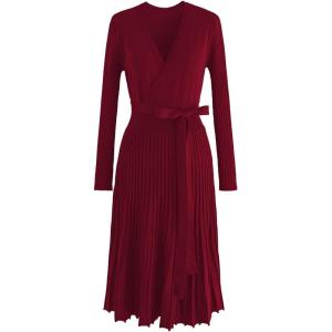 imageCHICWISH Womens NudeRedBlackEmeraldLilac VNeck TieWaist Wrap Pleated Ribbed Knitted DressRed
