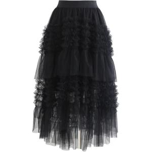 imageCHICWISH Womens PinkCreamTanBlack Ruffle Tiered HiLo Mesh Tulle SkirtBlackruffle Tiered Hilo