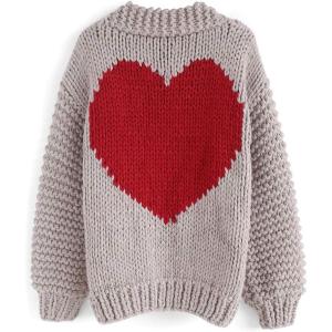 imageCHICWISH Womens Red Heart Shape Pattern on Back Soft Hand Knit Chunky CardiganGrey