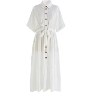 imageCHICWISH Womens ShortSleeve Midi Button Front Shirt Dresses V Neck Casual High Waist Slits Cotton Midi Dress with BeltIvory