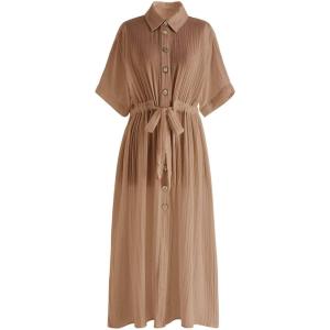 imageCHICWISH Womens ShortSleeve Midi Button Front Shirt Dresses V Neck Casual High Waist Slits Cotton Midi Dress with BeltTan