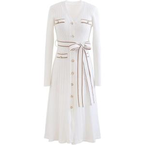 imageCHICWISH Womens White VNeck Shimmer Contrast Line Buttoned Knit DressWhite