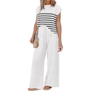 imageDisamer Sets for Women Two Piece Sweater Lounge Spring Outfits 2025 Casual Summer Tops Long Pants PajamasStripe White