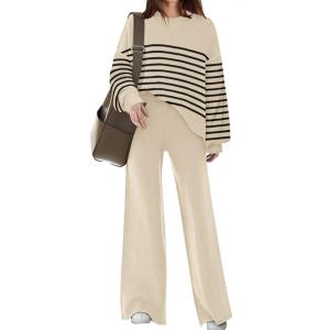 imageDisamer Womens 2 Piece Outfits Sweater Set Long Sleeve Knit Pullover Tops Wide Leg Pants Lounge SetsStripe Khaki