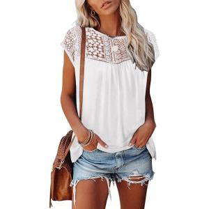 imageDisamer Womens Cap Sleeve Summer Tops Casual Crew Neck Lace Fashion Loose Fit Short Sleeve Shirts Tunic BlouseA Pure White