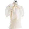 imageCHICWISH Women Detachable Bowknot Neck Short Bubble Sleeve Elegant Knit Tops Summer Solid Color Blouse TopCream