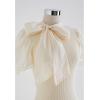 imageCHICWISH Women Detachable Bowknot Neck Short Bubble Sleeve Elegant Knit Tops Summer Solid Color Blouse TopCream