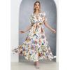 imageCHICWISH Women Floral Pleated Chiffon Maxi Dress V Neck Short Sleeve Elastic Waisted Flowy Summer Long DressesBlue