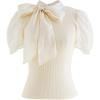 imageCHICWISH Women Detachable Bowknot Neck Short Bubble Sleeve Elegant Knit Tops Summer Solid Color Blouse TopCream