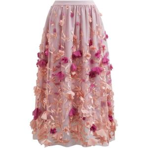 imageCHICWISH Women 3D Clover Applique Mesh Tulle Skirt Casual Flowy Elastic High Waist ALine Garden Party Maxi SkirtCoral