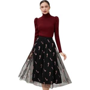 imageCHICWISH Women Christmas Shimmer Candy Cane Print Mesh Tulle Midi Skirt Cute High Waist ALine Casual Holiday SkirtsBlack