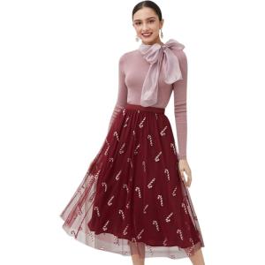 imageCHICWISH Women Christmas Shimmer Candy Cane Print Mesh Tulle Midi Skirt Cute High Waist ALine Casual Holiday SkirtsBurgundy