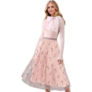 imageCHICWISH Women Christmas Shimmer Candy Cane Print Mesh Tulle Midi Skirt Cute High Waist ALine Casual Holiday SkirtsPink
