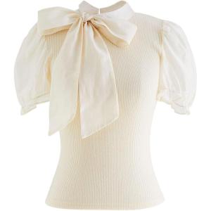 imageCHICWISH Women Detachable Bowknot Neck Short Bubble Sleeve Elegant Knit Tops Summer Solid Color Blouse TopCream