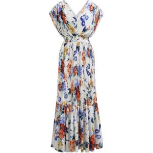 imageCHICWISH Women Floral Pleated Chiffon Maxi Dress V Neck Short Sleeve Elastic Waisted Flowy Summer Long DressesBlue