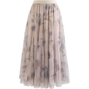 imageCHICWISH Women Floral Printed Mesh Tulle Midi Skirt Double Layered Elastic Waist A Line Flowy Fairy Skirts Dusty PinkDusty Pink