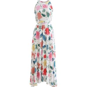 imageCHICWISH Womens Summer Palm Green LeafPink Floral Print Halter Neck Sleeveless Party Maxi DressSummer Fun