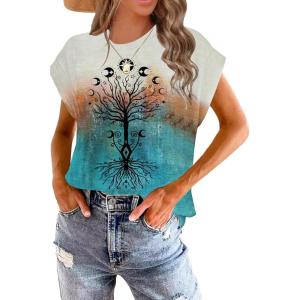 imageWomens Summer Tops Spring Outfits 2025 Fashion Casual Dressy T Shirts Cap Sleeve Workout Clothes Going Out Trendy VacationPrint Tree
