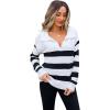 imageCHICWISH Women Stripe VNeck Pullover Sweater Long Sleeve Classic Casual Polo Tops Shirts Fall Winter Knit SweatersWhite