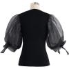 imageCHICWISH Womens BlackWineGreyPinkWhite Organza Bubble Sleeves Knit TopBlack