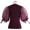 imageCHICWISH Womens BlackWineGreyPinkWhite Organza Bubble Sleeves Knit TopWine