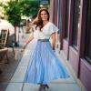 imageCHICWISH Womens Blue and White Stripe Pleated ALine Midi Prom Party SkirtBlue