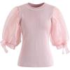 imageCHICWISH Womens BlackWineGreyPinkWhite Organza Bubble Sleeves Knit TopPink