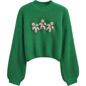 imageCHICWISH Christmas Sweater Cute Gingerbread Graphic Crewneck Holiday Sweaters Long Sleeve Crop Pullover TopsGreen