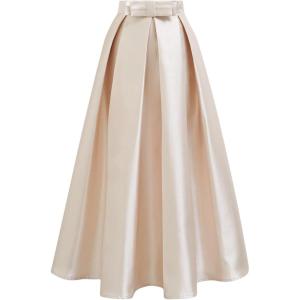 imageCHICWISH Women Bowknot Pleated Maxi Skirt Casual High Waist ALine Prom Party Swing Long Skirts with PocketsChampagne