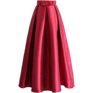 imageCHICWISH Women Bowknot Pleated Maxi Skirt Casual High Waist ALine Prom Party Swing Long Skirts with PocketsRed
