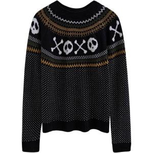imageCHICWISH Women Halloween Sweater Skull Printed Crewneck Long Sleeves Holiday Knit Sweater Pullover TopsBlack