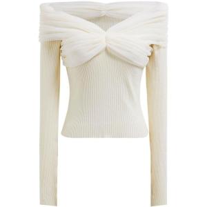 imageCHICWISH Women Off Shoulder Sweater Top Sexy Long Sleeve Mesh Spliced Knit Top Going Out Tunics TopsCream