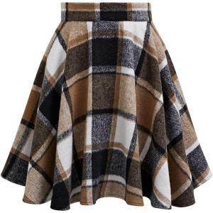 imageCHICWISH Women Plaid Flared Mini Skirt Vintage A Line High Waist Fall Winter Casual Pleated Flowy Short SkirtBrown