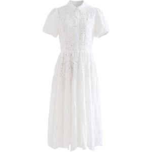 imageCHICWISH Women Short Sleeves Cotton Midi Dress Crochet Collar Embroidered Eyelet Button Down Casual White Long DressWhite