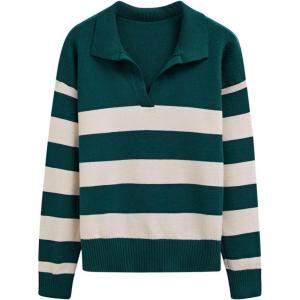 imageCHICWISH Women Stripe VNeck Pullover Sweater Long Sleeve Classic Casual Polo Tops Shirts Fall Winter Knit SweatersEmerald