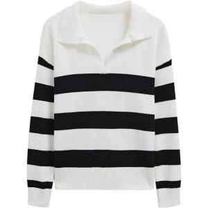 imageCHICWISH Women Stripe VNeck Pullover Sweater Long Sleeve Classic Casual Polo Tops Shirts Fall Winter Knit SweatersWhite