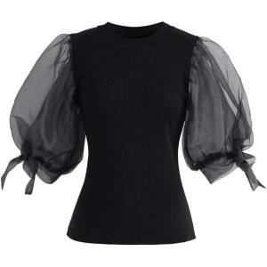imageCHICWISH Womens BlackWineGreyPinkWhite Organza Bubble Sleeves Knit TopBlack