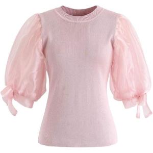 imageCHICWISH Womens BlackWineGreyPinkWhite Organza Bubble Sleeves Knit TopPink