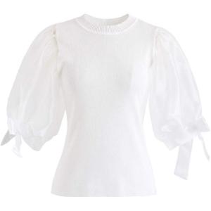 imageCHICWISH Womens BlackWineGreyPinkWhite Organza Bubble Sleeves Knit TopWhite