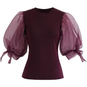 imageCHICWISH Womens BlackWineGreyPinkWhite Organza Bubble Sleeves Knit TopWine