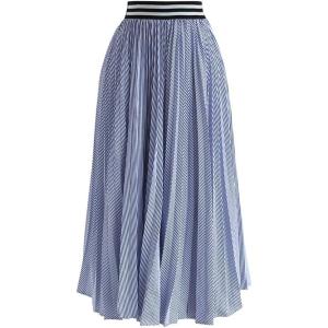 imageCHICWISH Womens Blue and White Stripe Pleated ALine Midi Prom Party SkirtBlue