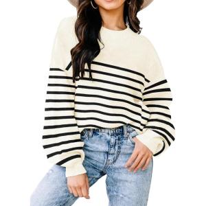 imageWomens Sweaters Fall 2025 Fashion Long Sleeve Color Block Oversized Sweater Trendy Casual Crew Neck Knitted Tops PulloverStripe Apricot